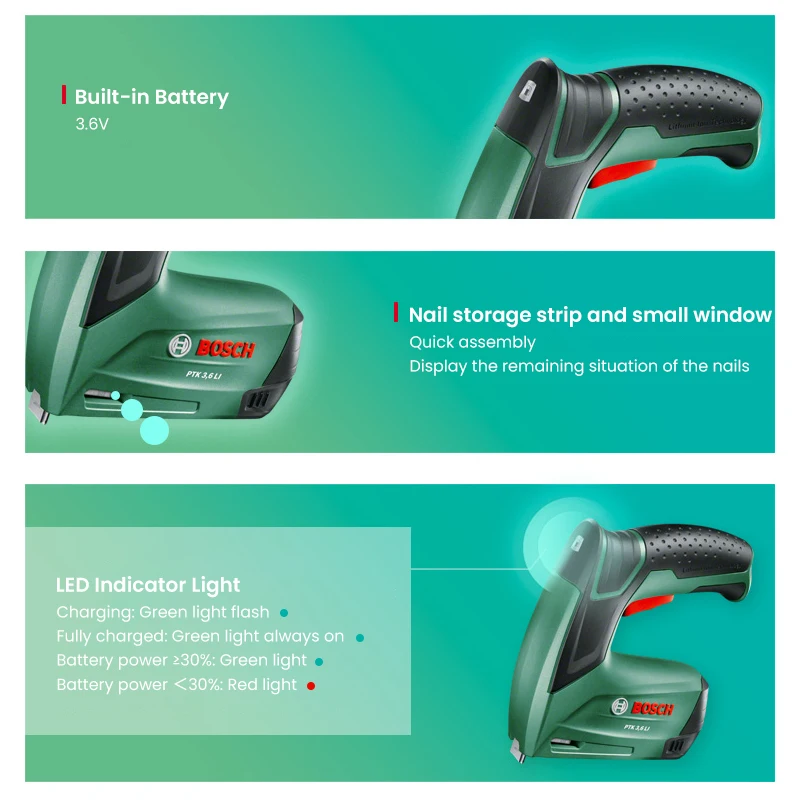 Bosch-grapadora profesional PTK, aldaba de uñas inalámbrica recargable de 3,6 V, tira de almacenamiento de uñas, luz indicadora LED para ventana de visualización