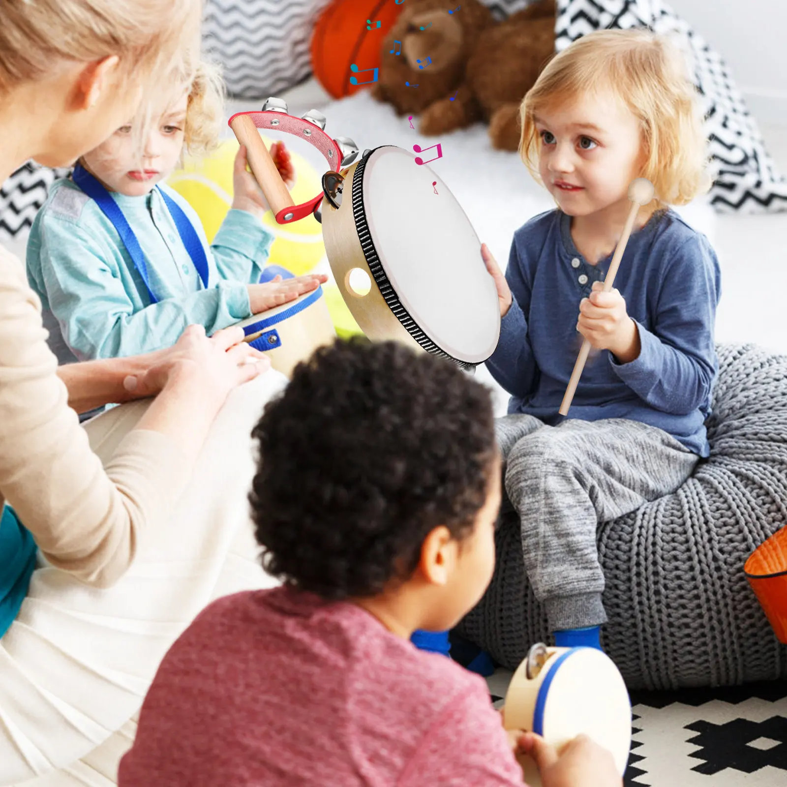 Tambourine Drum Set Half Moon Tambourine Percussion Sticks Crisp Sound for Music Classes School Singing Brain Training