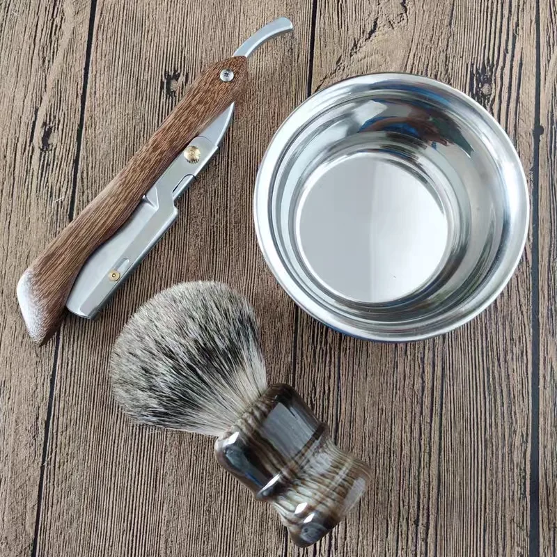 Homens navalha reta borda de madeira aço inoxidável barbeiro navalha barba barbeador madeira dobrável aço inoxidável barba barbeador para homem