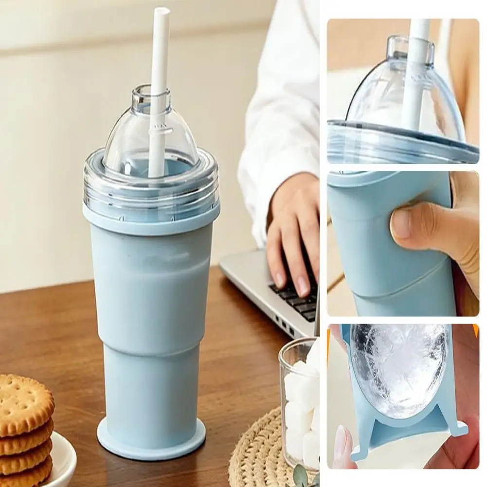 Ice Ball Maker Cup 2-in-1 Collapsible Silicone Ice Hockey Cup with Straw And Lid Foldable Easy Demolding Sphere Ice Cubes