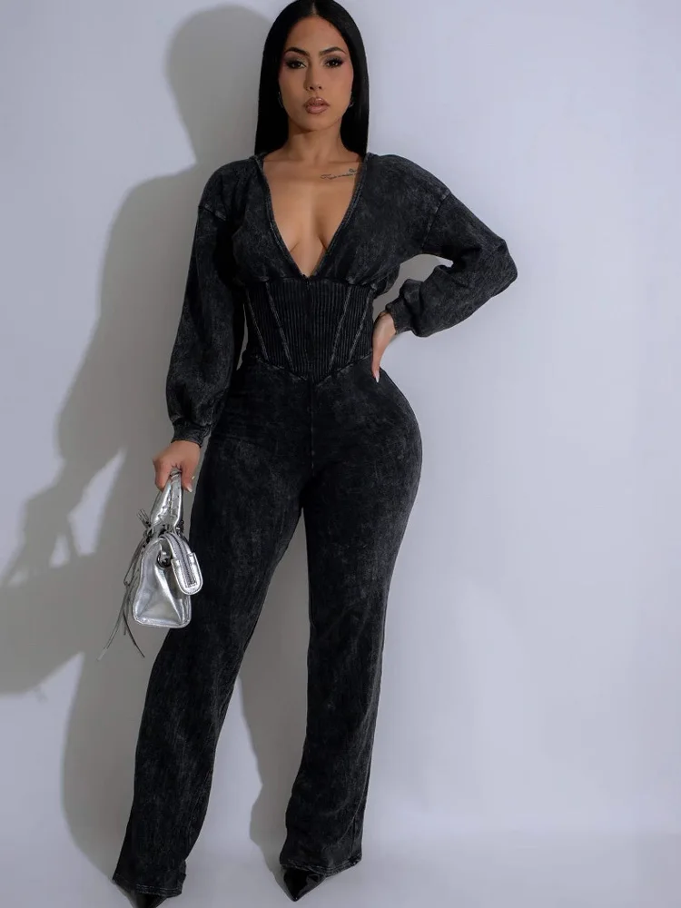 Bonnie Forest Casual Brown Hooded Washed Ribbed Jumpsuits Women Zipper Front Corset Rompers One Piece Outfits Workout Overalls