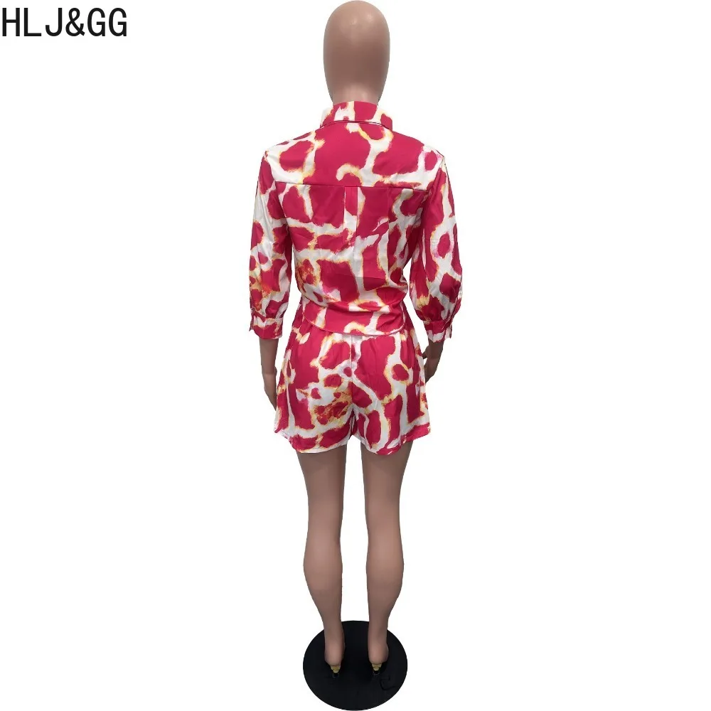 HLJ&GG Rose Red Fashion Print Biker Shorts Two Piece Sets Women Turndown Collar Button Long Sleeve Shirts And Shorts Outfit 2024