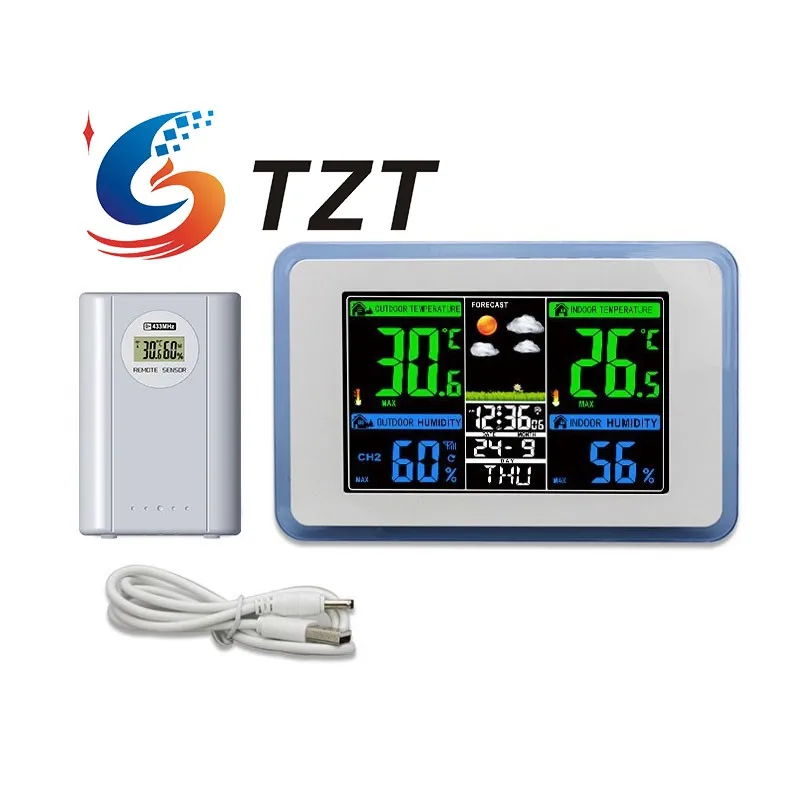 TZT H168G 433MHz Wireless Weather Station Clock (White + Blue/Black + Tawny Transparent Frame) with Horizontal Display