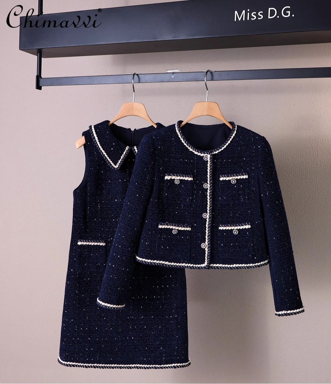 

High-End French Fashion Long Sleeve Jacket Top Sleeveless Slim Fit Elegant Dress Two-Piece Set 2025 Autumn Commuter Women's Suit