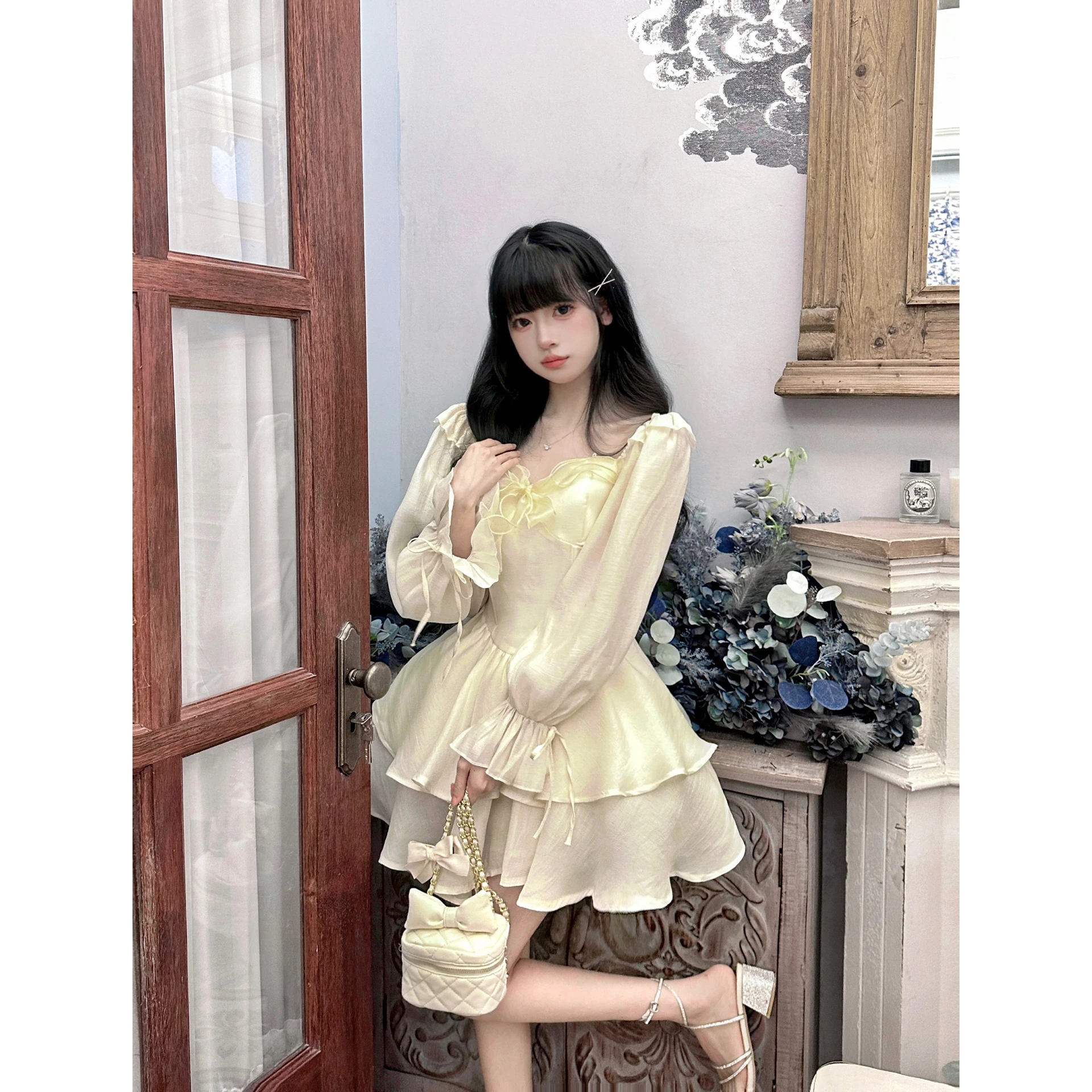 Elegant Long Sleeve Sweet Tawny Dress Women's Soft Style Fairy Tale Princess Tea Break Milk Series First Love Puffy Skirt