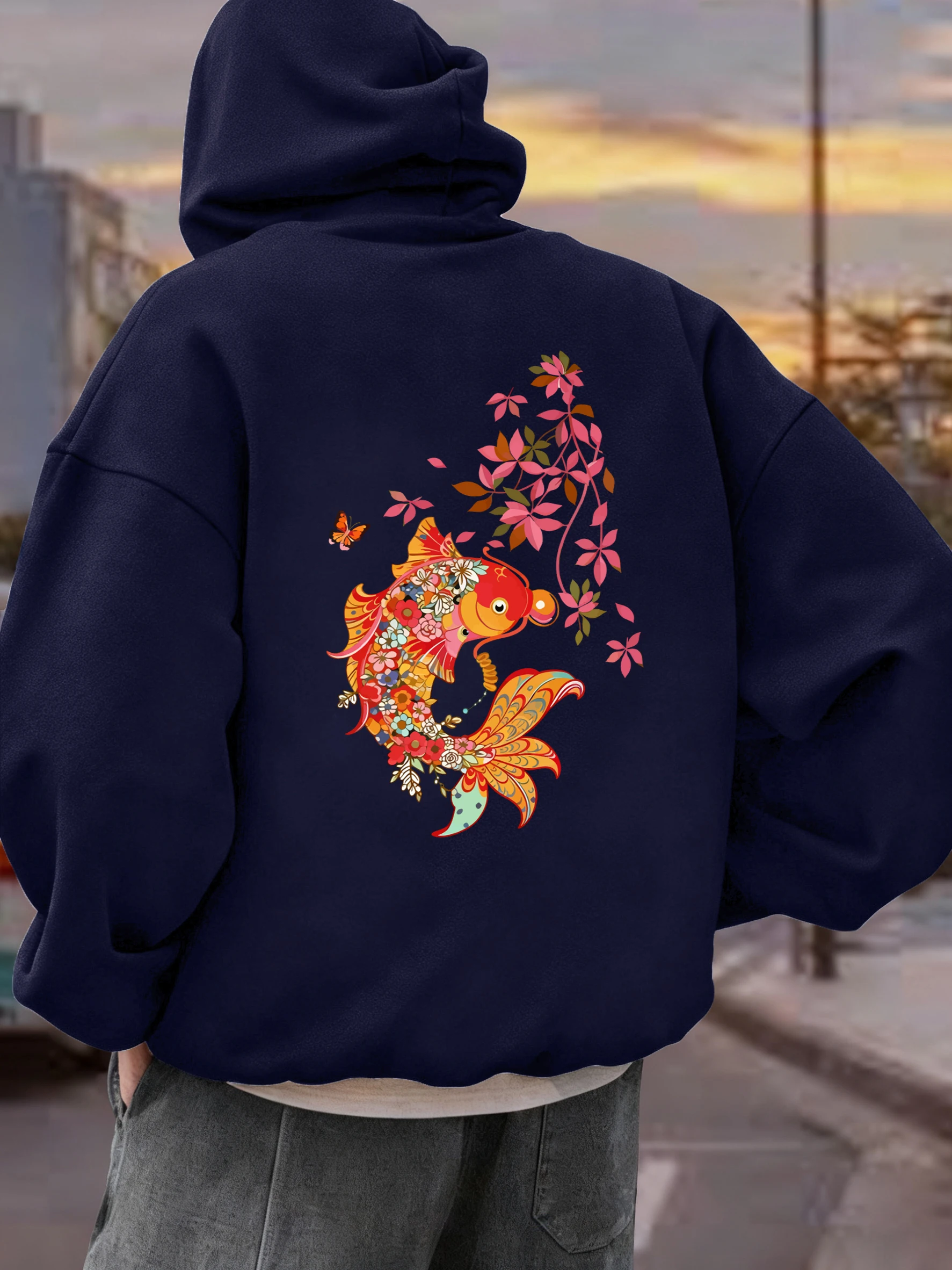 

Мужская толстовка с капюшоном с принтом «Рыбка Кои и цветы», повседневная, мягкая, теплая, осенняя, унисекс, флисовая, свободного кроя, пуловер