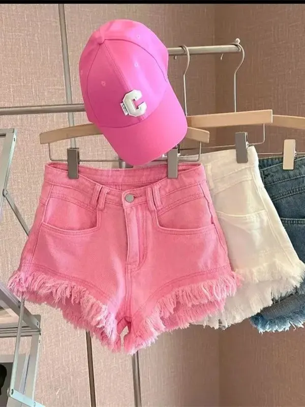 

Джинсы с высокой талией в корейском стиле, повседневные, с бахромой, рваные, летние, привлекательные, розовые, из смесового хлопка, широкие брюки