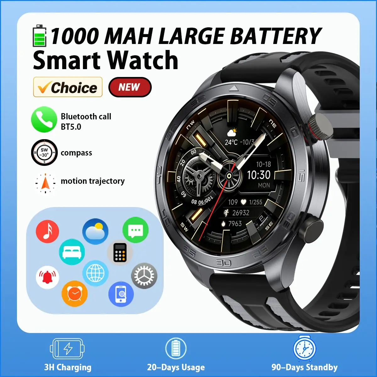 2026 Smart Watch Men:New 1000 MAh Battery Bluetooth Calls Motion Trajectory Heart Rate Blood Oxygen Voice Assistant Smartwatch