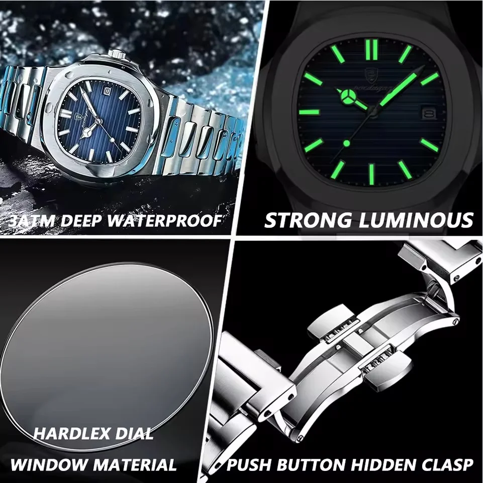 New Fashion Men Luxury Watch Business Waterproof Casual Quartz Watch Men Luminous Date Stainless Steel Square Watches Male Clock