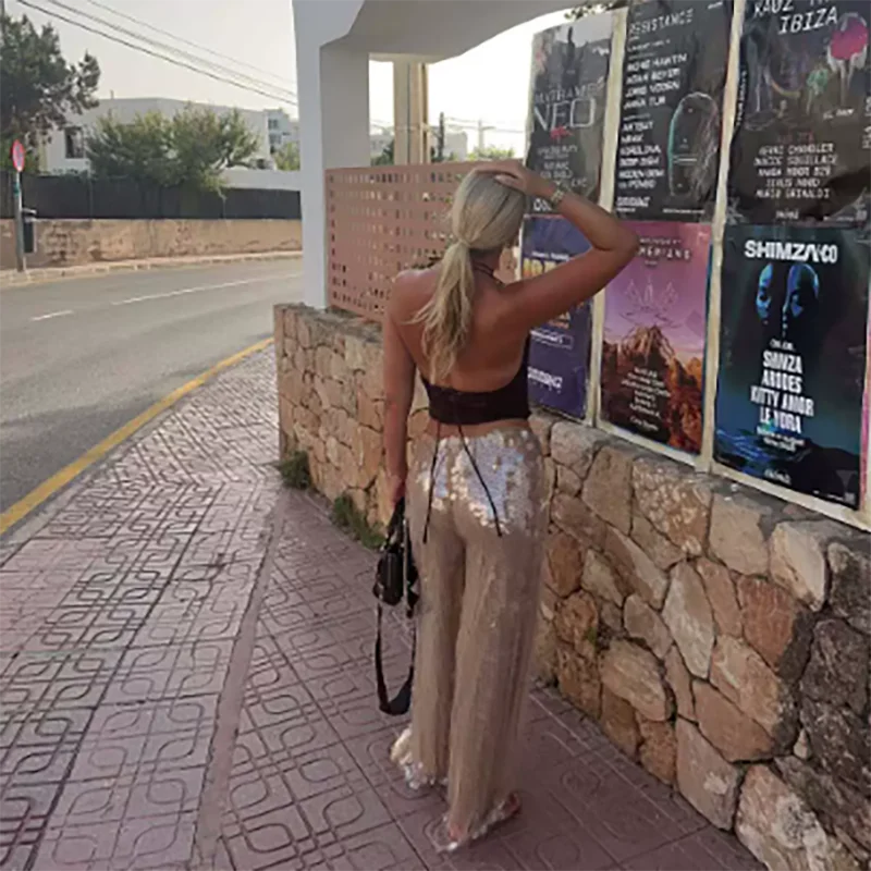 Mode décontracté couleur Pure pantalon de trajet tempérament dame élégant paillettes pantalon à jambes larges taille haute paillettes fille chaude pantalons longs