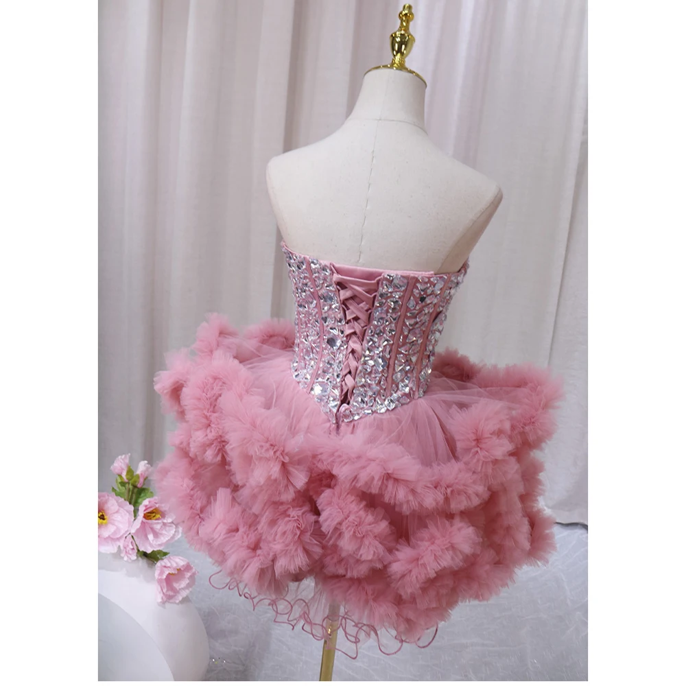 Fashion Pink Women Ball Dress Strapless V-neck Fluffy Tulle Lace Up Short Dress Birthday Party Banquet Sweet Dress Slim Fitting