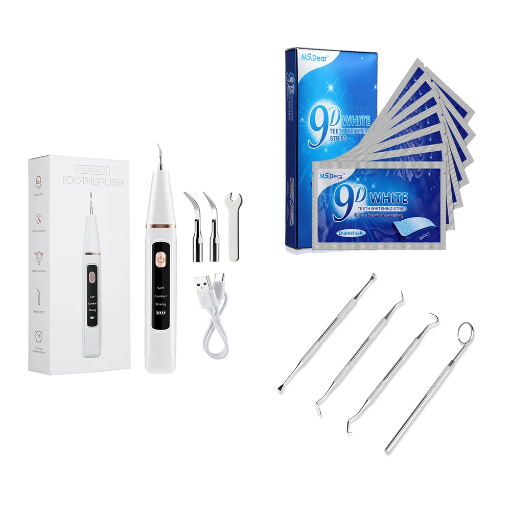 

Electric Dental Scaler with 9D Teeth Whitening Strips Plaque Scaler Tartar Tooth Cleaner Set Stains Calculus Remover Oral Care