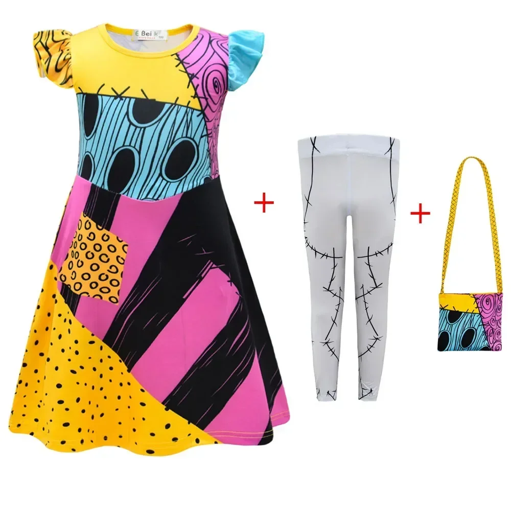 

Children Nightmare Christmas Sally Cosplay Costume Girls Anime Dress Pants Bag Suit Kids Ruffle Dress Halloween Carnival Party