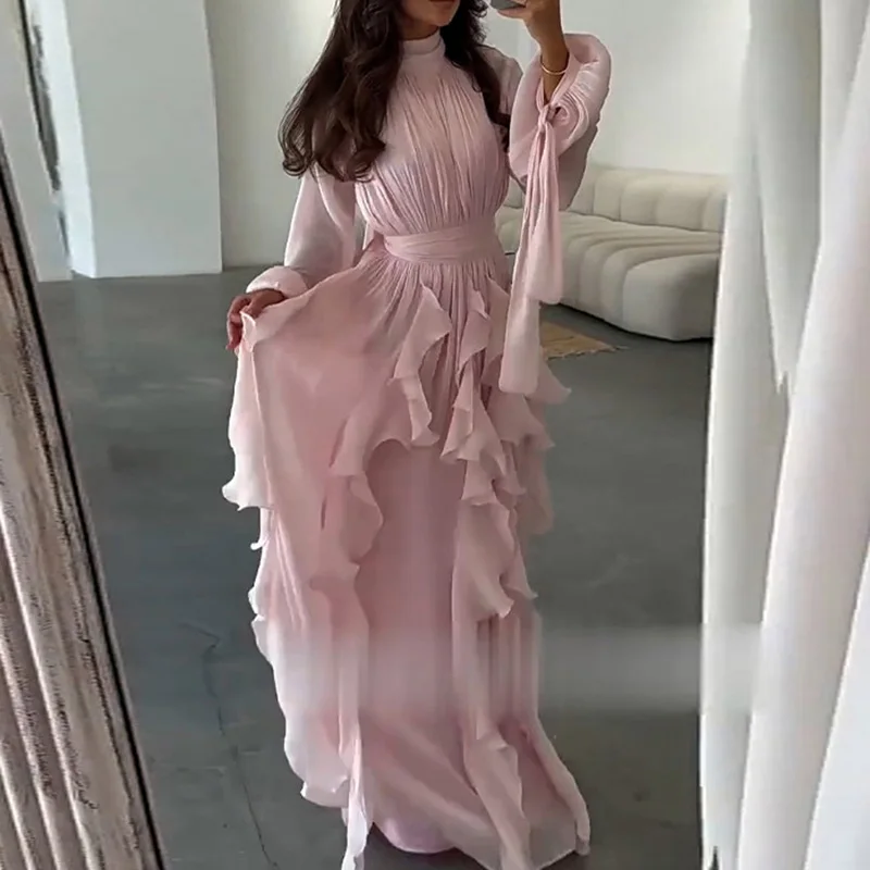 Senhora casual gola alta em camadas vestido de banquete elegante manga longa cor sólida vestido de noite moda cintura alta plissado vestido de festa