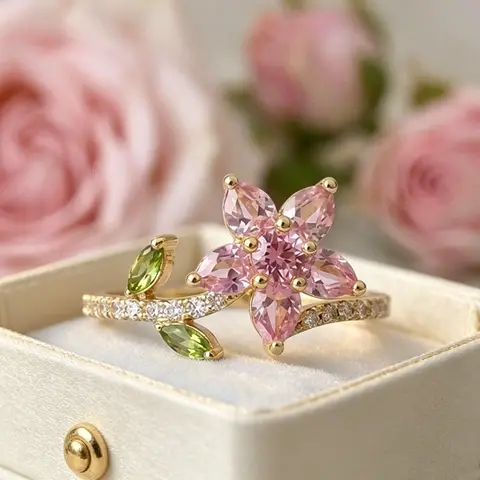 Plant Female White Pink Green Zircon Big Stone Engagement Flower Ring Vintage Gold Color Wedding Fashion Jewelry For Women