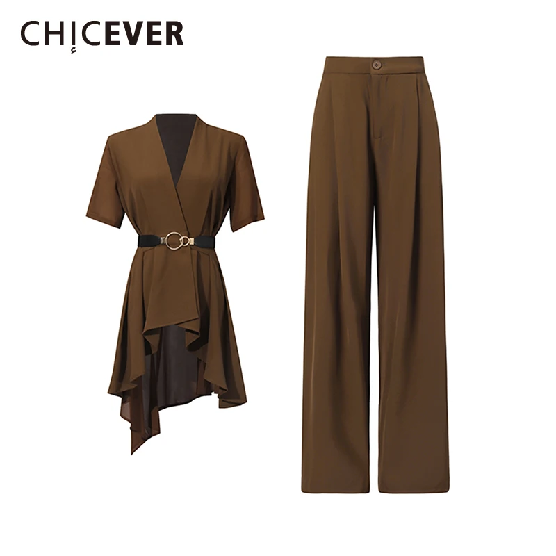 

CHICEVER однотонный комплект из двух предметов с поясом, женская куртка с v-образным вырезом и коротким рукавом, офисный женский комплект брюк, модный новый стиль