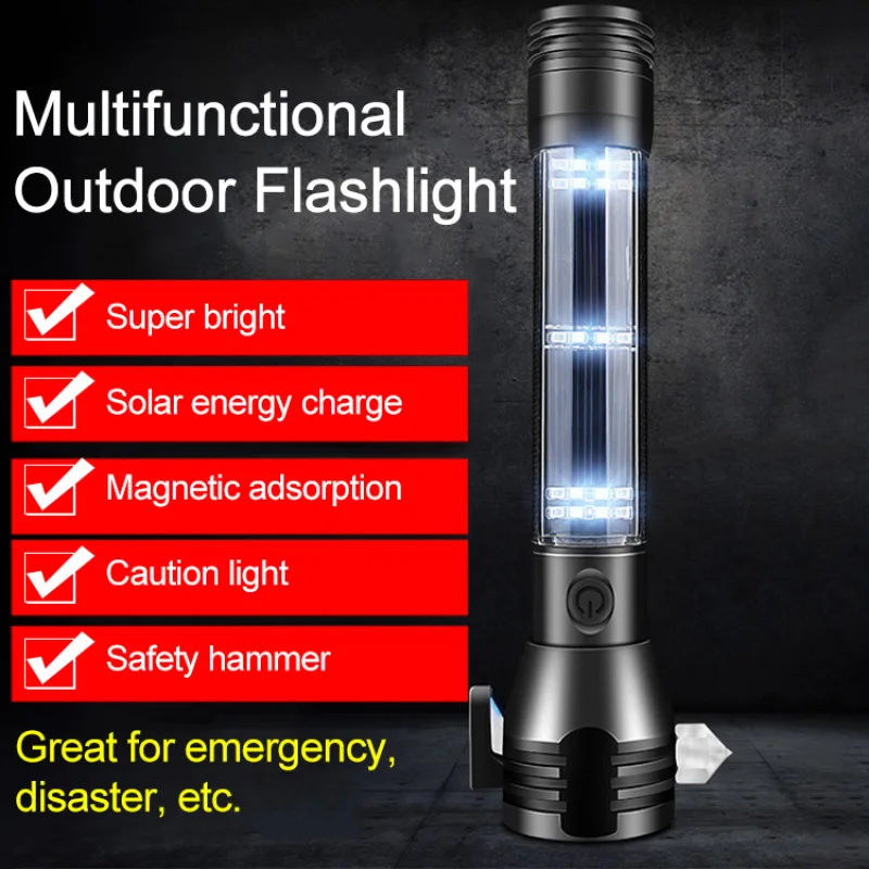 Multi-functional 10 in 1 led solar USB strong light rechargeable safety hammer alarm compass strong magnetic mini flashlight