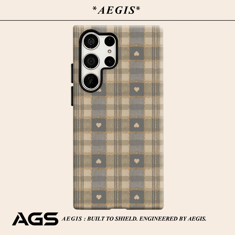 Plaid Heart Trail Phone Case for Samsung Galaxy S25 Ultra S24 S23 Ultra Plus Glossy Double-layer Back Cover