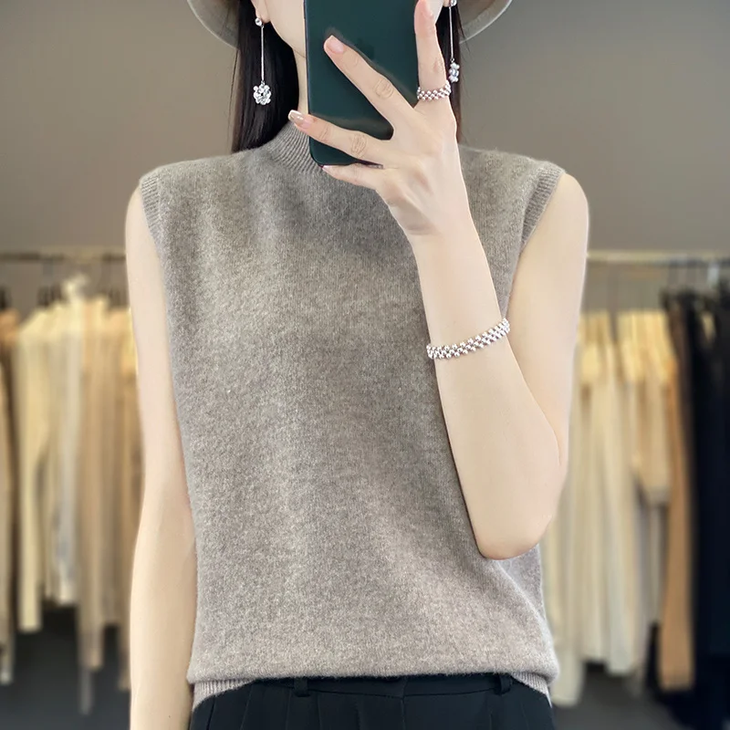 100% Wool Spring and Autumn Half-high Neck Pure Wool Knitted Vest Sleeveless Women's Skinny Wear Bottom Shirt