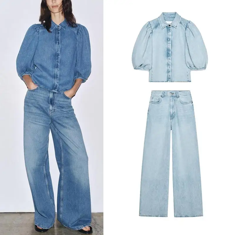 جينز صيفي بياقة منتفخة Sve Denim irt عالي الخصر وواسع الساق بتصميم بسيط جينز نسائي غير رسمي من Faion ort Sve irt