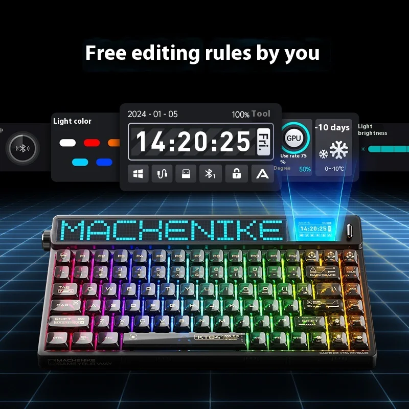 Machenike KT84 Tri-mode Mechanical Keyboard Wireless Bluetooth LED Smart Screen 84 Key 8000mAh Hot Swap NKRO Office Game Custom