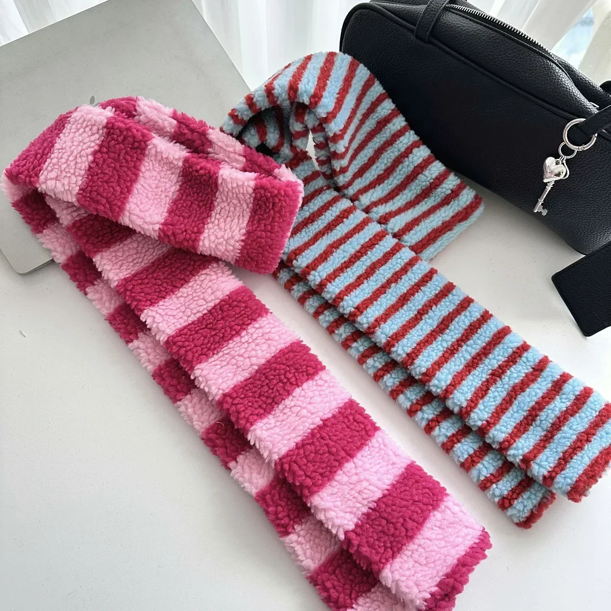 Y2K Colorful Lambswool Striped Scarf Women Cute Winter Plush Warm Necklace Japanese Children\'s Scarf Couple Thickened Wrap