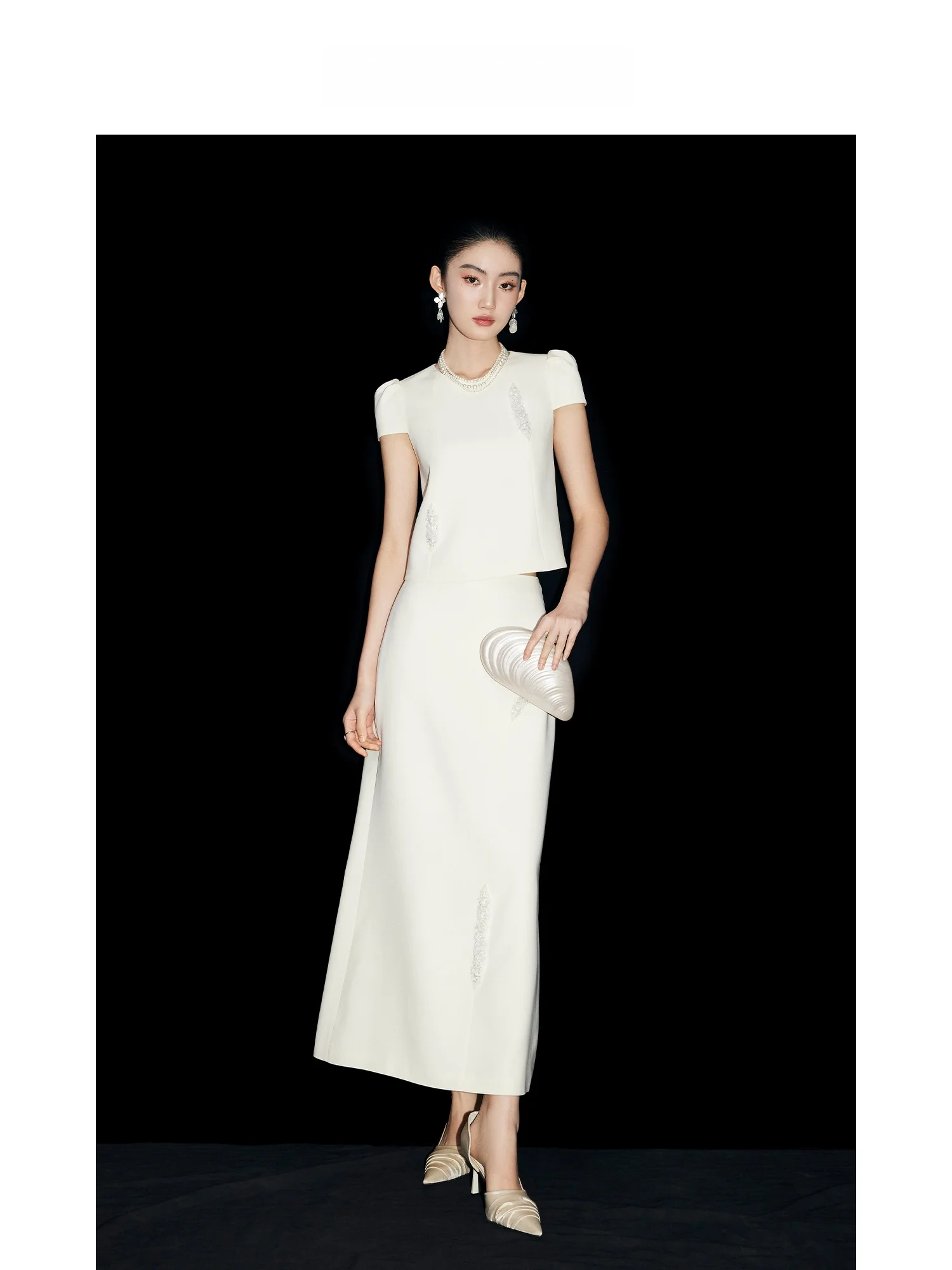 

MandyZhang Summer Elegant Acetate White Short Sleeve Set for Women High Waist Bubble Sleeve Fashionable Short Dress