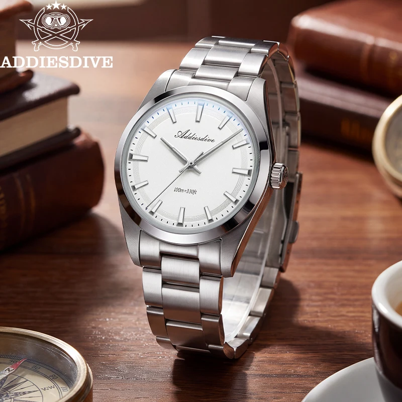 ADDIESDIVE Luxury 36mm Men Analog Quartz Wristwatch K1 Bubble Mirror Glass 100m Water Resistant Simple Business Daily Watch