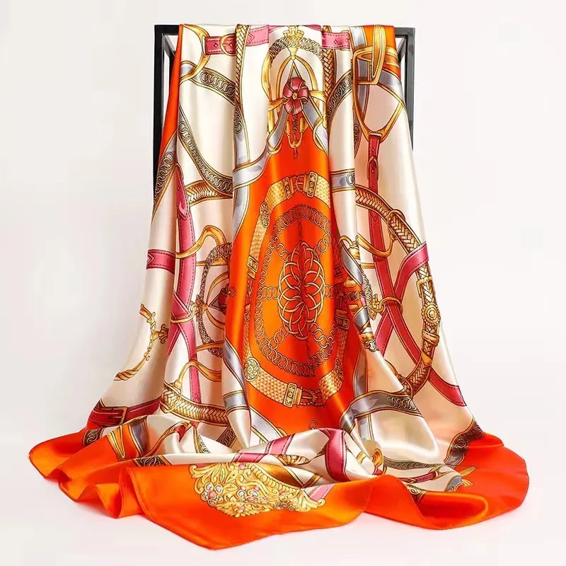 Pañuelos para el pelo, bufanda de seda de 90x90cm con estampado satinado, bufandas de seda cuadradas grandes, chales para mujer, diadema Hijab de diseñador de marca de lujo