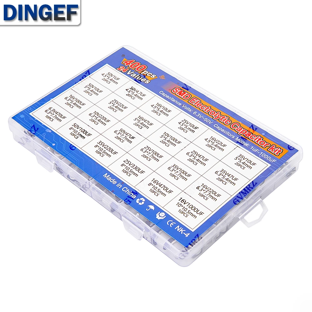 

400 шт., 24 значения, комплект электролитических конденсаторов SMD 1 мкФ-1000 мкФ 6,3 В-50 В для комплекта электроники 1 мкФ 10 мкФ 100 мкФ