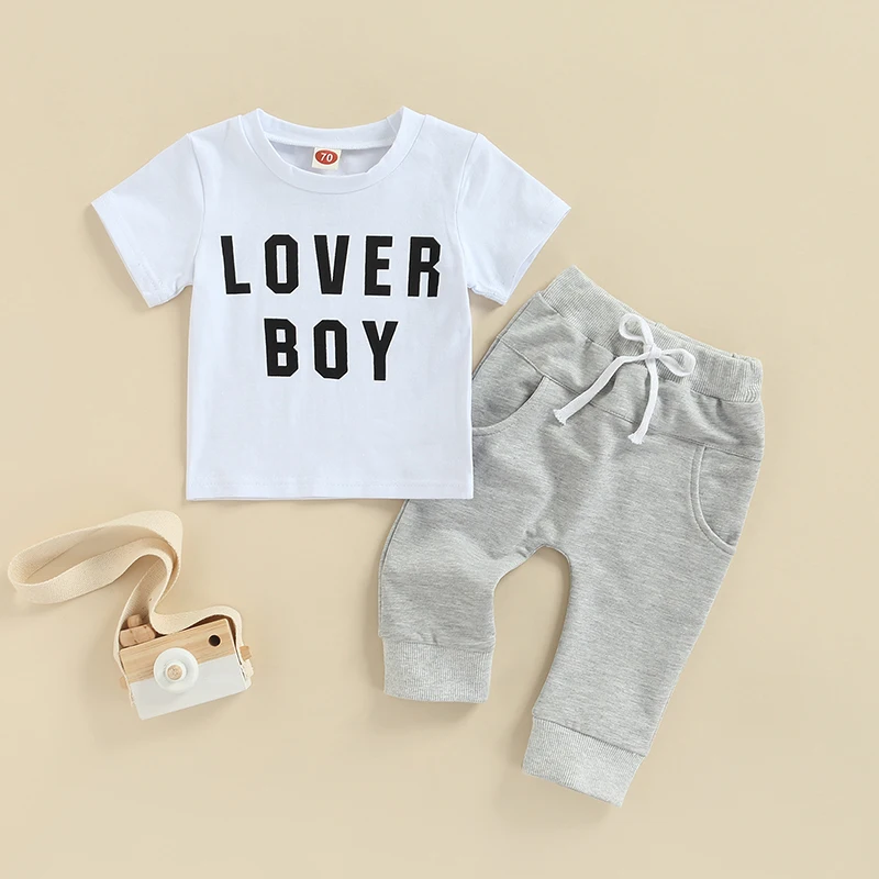 Toddler Baby Boy Outfits Short Sleeve Letters Printed T-Shirt Solid Color Pants Boys Casual Clothes Set 2pcs