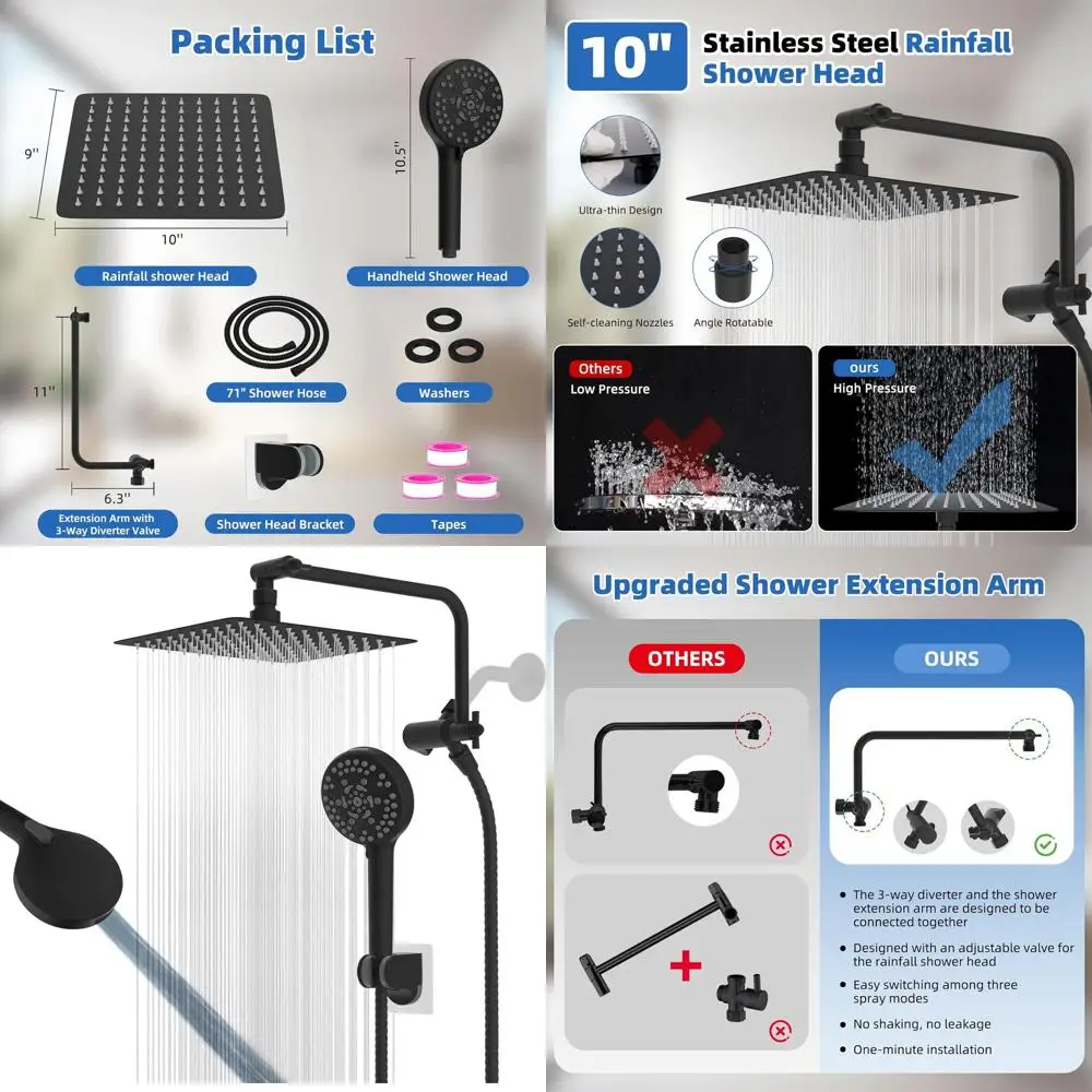 

10 Matte Black High-Pressure Rainfall Shower with 11 Extension Arm, 10-Spray Handheld & 71 Hose