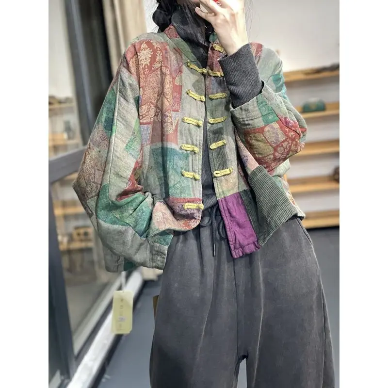Vintage Harajuku Cotton Jacket Autumn Women's Coat Loose-fit Printed Long-sleeve Cropped Jacket Patchwork Tops Mujer Design
