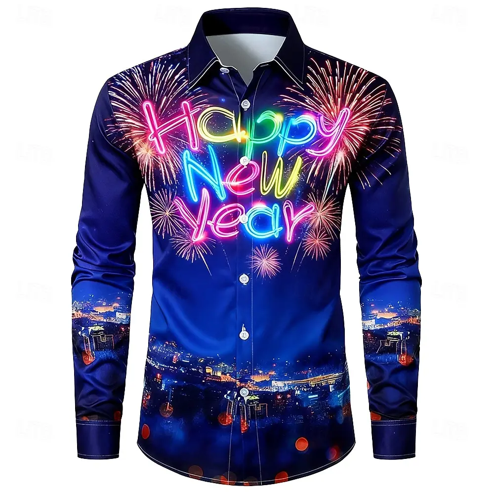 2026 New Year Men's Happy New Year Celebration Balloon Shirt Button Up Shirt Long Sleeve Fashion Casual Spring Fall Shirts