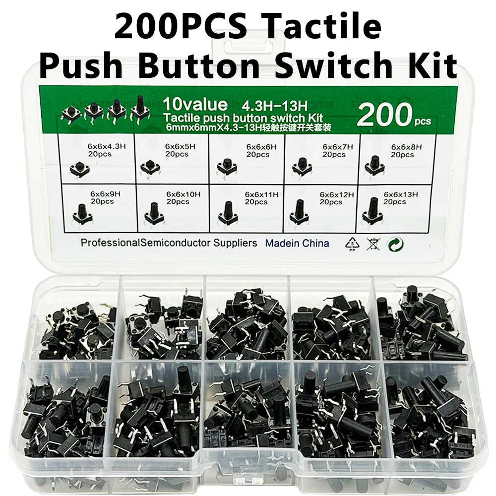 Kit de 200 Peças de Interruptores de Toque Micro 6x6 (10 Tipos) - Conjunto Sortido de Botões de Pressão para Ferramentas DIY - Acessórios de Teclas Tácteis ON/OFF 6x6