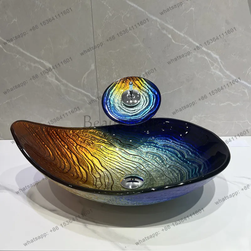 Tempered glass hotel creative art basin oval rainbow water drop basin bed and breakfast basin