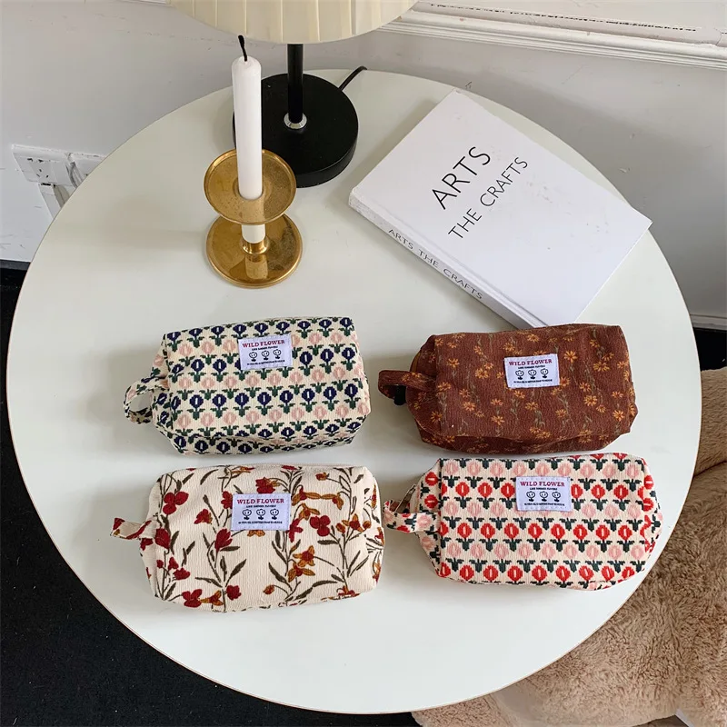 Women Corduroy Plaid Flowers Cosmetic Lipsticks Bag Korean Pencil Case Travel Makeup Brushes Bag Neceser Organizer Bag Pouch