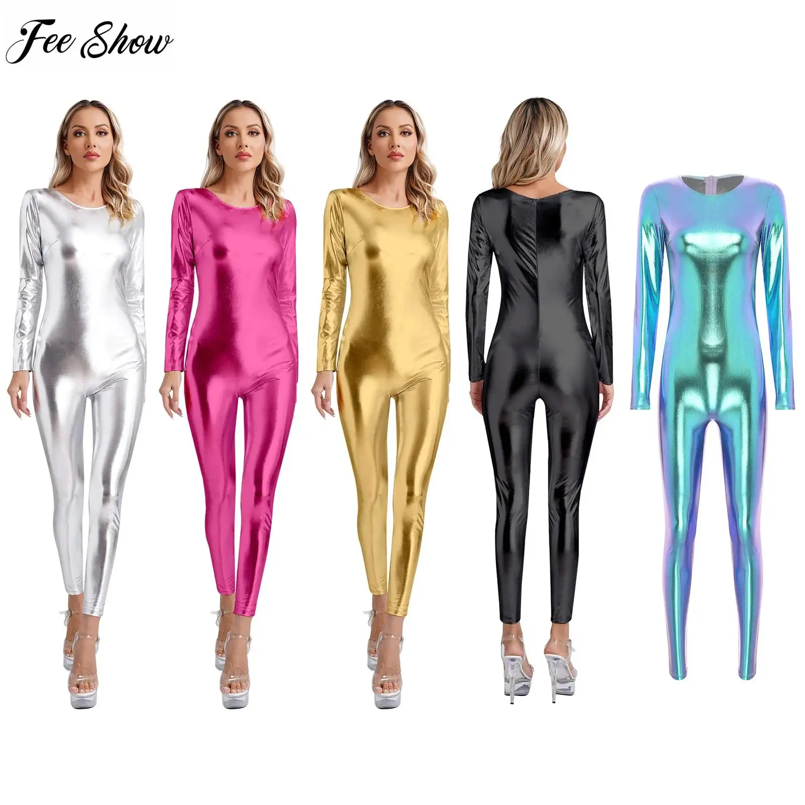 

Womens Metallic Shiny Unitard Bodysuit Dancewear Round Neck Long Sleeve Slim Fit Full Body Jumpsuit Clubwear Festival Costumes