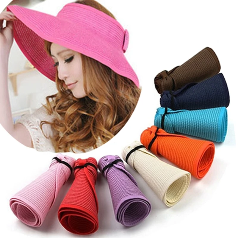 Fashion Girl Women Lady Foldable Roll Up for Sun Beach Wide Brim Straw Visor Hat