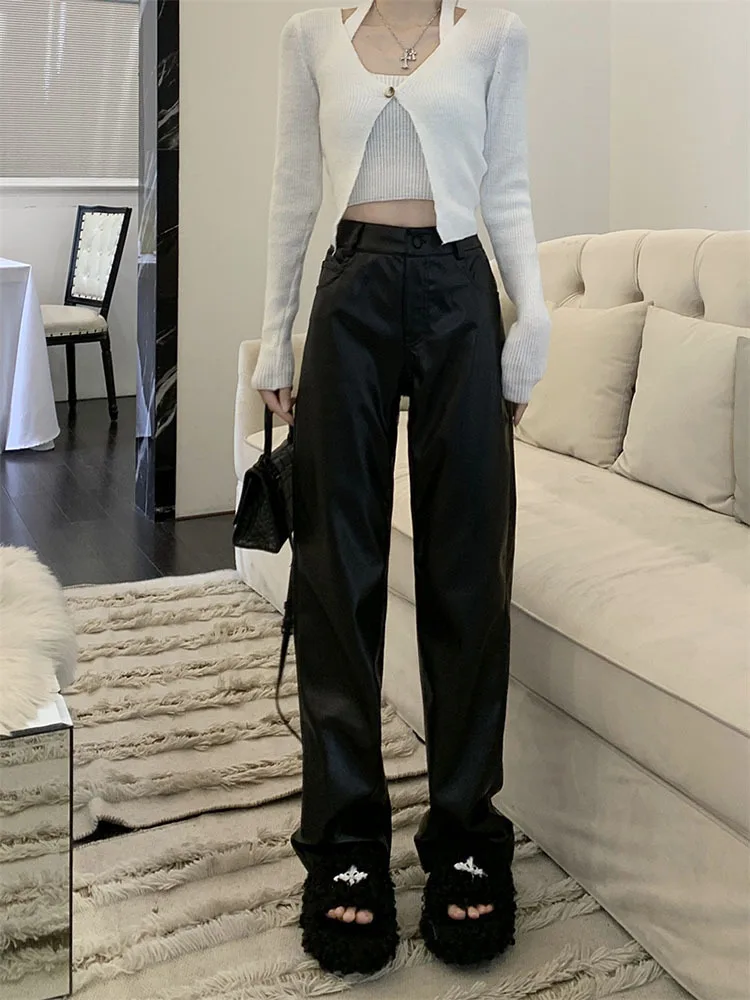

Black Faux Leather Wide Leg Pants for Womens New 2023 Spring Autumn High Waist Female Loose Pants Streetwear Trousers