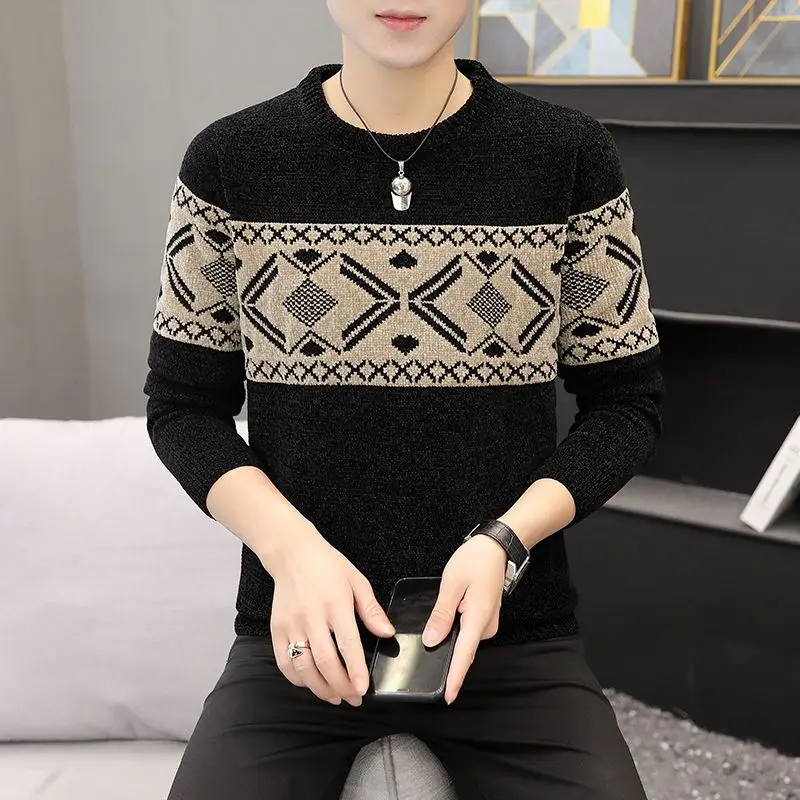 Men's Autumn Winter Contrast Patchwork Loose Pullovers Top Long Sleeve O-neck Youth Vintage Sweaters Fashion Casual Men Clothing