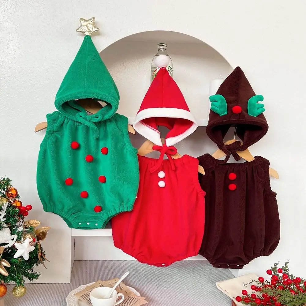 

Fashion Cartoon Rompers Set Christmas Costume with Hat Newborn Bodysuits Cotton Sleeveless Jumpsuit Boys Girls