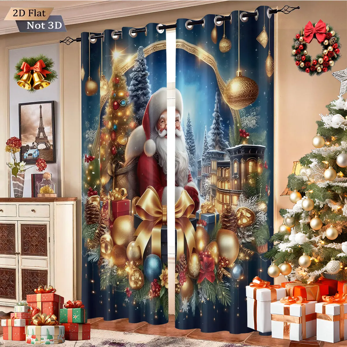 2pcs Merry Christmas Santa Claus gift print blackout curtain multiple size living room insulation decoration machine washable