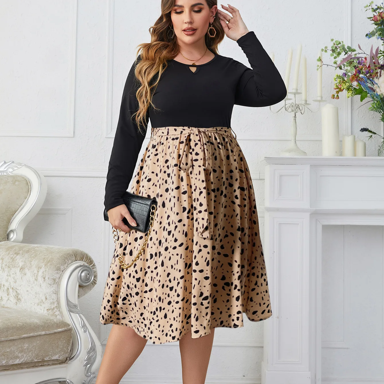 Vestido de talla grande a media pantorrilla para mujer, ropa de gran tamaño de leopardo negro para mujer, vestido de manga larga para primavera Otoño Invierno