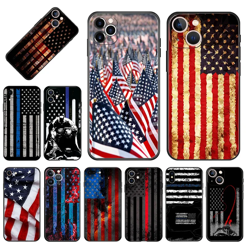 Soft Phone Cases For iphone 16 15 14 13 12 11 Pro XS Max Mini XR 7 8 Plus 16ProMax American flag Black Matte Cover