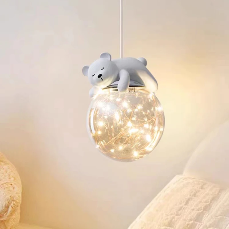 Lampadario a sospensione a LED per camera dei bambini lampada a sospensione a forma di coniglietto orso bianco decorazione per camera da letto per interni lampada a sospensione lampada da comodino in vetro