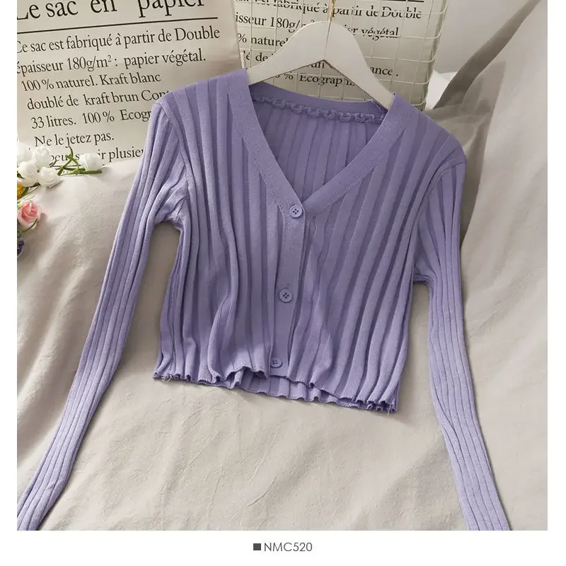 

Nice Women's Clothing Sweater Cardigan Short Fit Slimming Three Button Woolen Top Summer Vertical Stripe Long Sleeved Knitted Ju