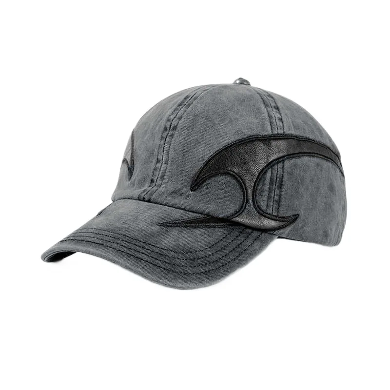 Korean niche design dark flame washed distressed denim baseball cap, trendy brand couple street style embroidered duckbill cap