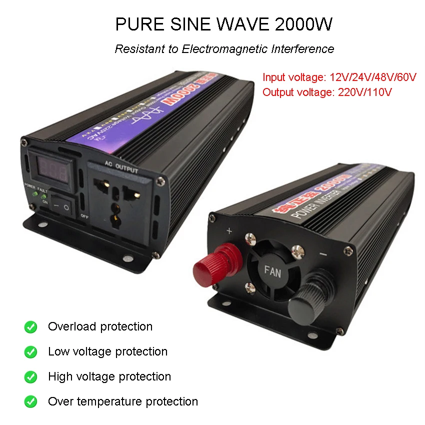 Pure Sine Wave Inverter 2000W Power DC 12/24/48/60V To AC 110V/220V Voltage 50/60HZ Converter Solar Car Inverters With LED Dis