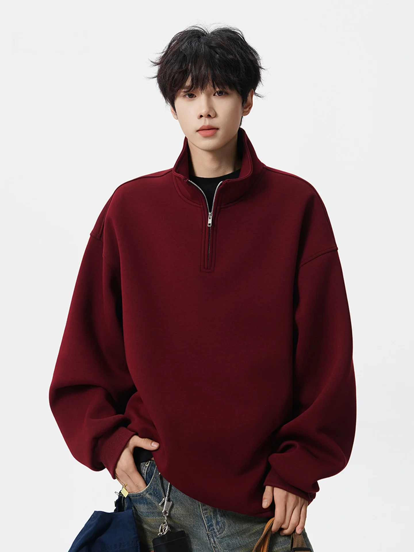 

Красная толстовка на молнии с длинным рукавом и воротником-стойкой, плотная, модная, брендовая, Cleanfit, весенняя, молодежная, повседневная, из полиэфирного волокна